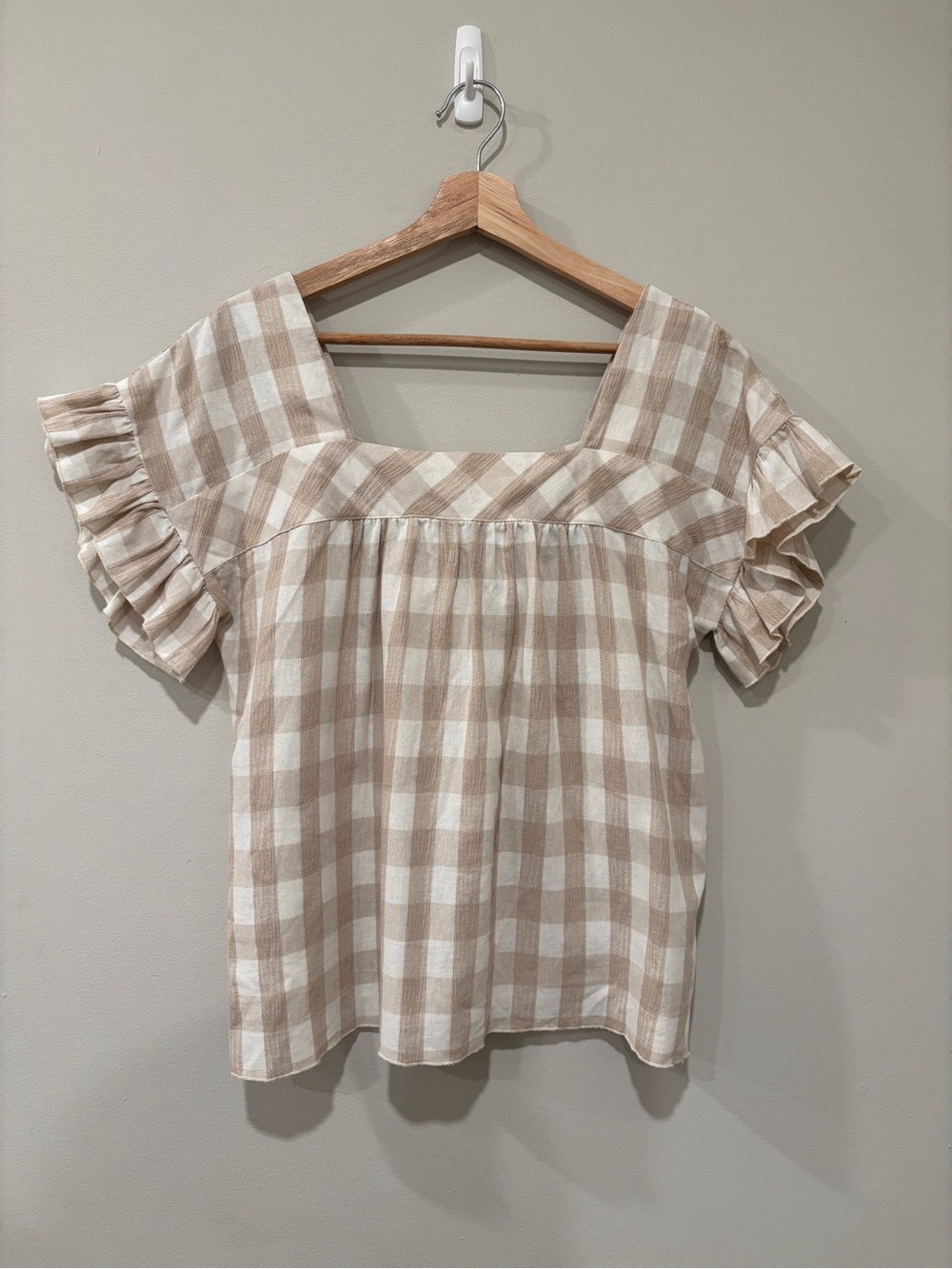 Tribal Plaid Square-Neck Ruffle Sleeve Top - Cream & Tan Gingham Check size S